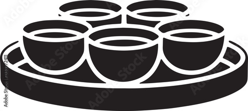 Tray with five small cups, likely for coffee or tea, black silhouette