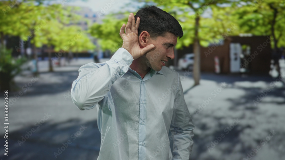 © Krakenimages.com - Hispanic man in white shirt cups ear on a sunlit city street lined with green trees and parked cars; curiosity. © Krakenimages.com - Hispanic man in white shirt cups ear on a sunlit city street lined with green trees and parked cars; curiosity.