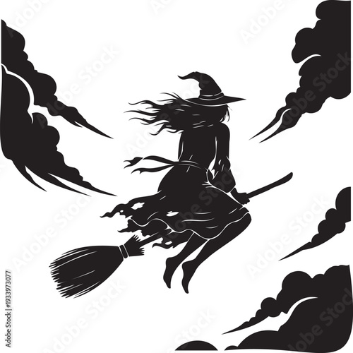 Witch flying broomstick silhouette Halloween costume magical character fantasy