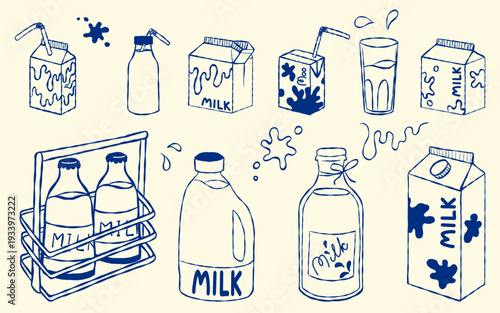 Farm milk products in different package. Hand drawn Yogurt, milk bottles in wooden box, plastic bottles, paper packaging with drinking straw, kefir. Milk beverage Vector illustration. whimsical doodle