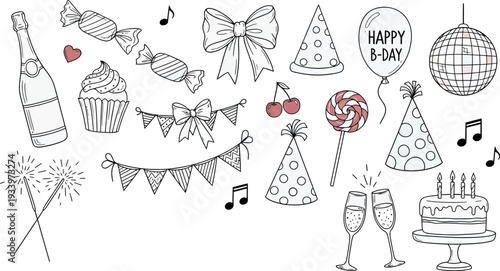 Birthday Party Doodle Vector Set — Balloons, Cake, Gifts, Garland, Confetti and Celebration Icons