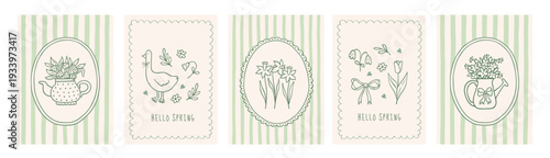 Spring vintage coquette floral cards. Posters with hand drawn whimsical line frames, bow, cute goose, tulip, daffodil, watering can, teapot with adorable flowers in green colors. Vector illustration.