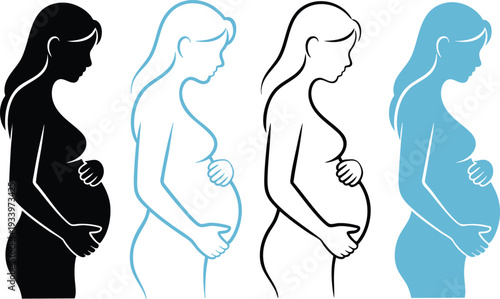 Feminine Maternity Health and Care Graphics, Diverse Style Pregnancy Awareness Icons, vector, illustration, silhouette.
