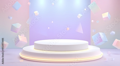 Minimalist white round podium with glowing gold line on light pastel pink and purple background, many geometric shapes floating, product display stage, empty space