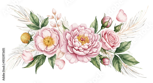 Beautiful floral arrangement with peonies, leaves, and buds in a delicate watercolor illustration