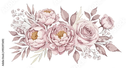 Beautiful flowers and leaves arranged in a decorative pattern, featuring peonies and roses in a watercolor style illustration.