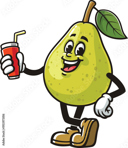 Cartoon pear mascot holding a soft drink