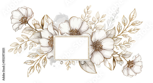 An ornate floral wreath with gold accents and a central rectangular frame, illustrated in a delicate style