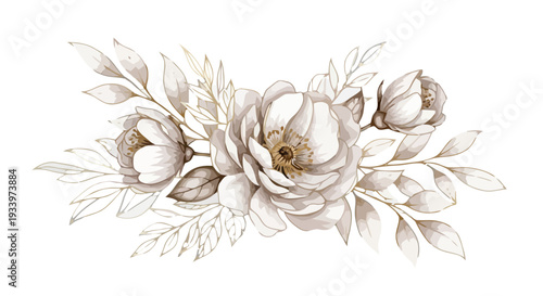 Beautiful digital illustration of flowers and leaves in a botanical arrangement viewed from the front
