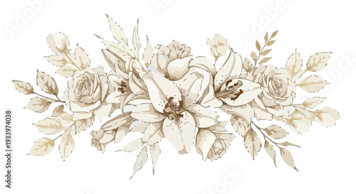 A delicate floral arrangement of roses and lilies in a vintage style, depicted in a detailed illustration from a frontal viewpoint.