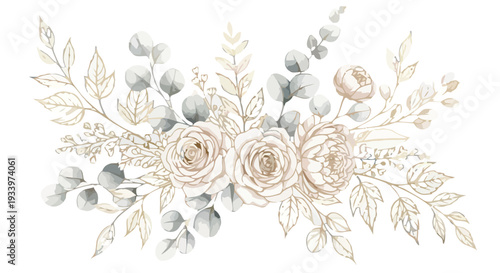 Floral arrangement of roses and leaves in a decorative illustration from a front viewpoint