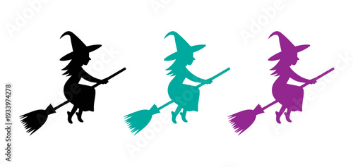Colorful witches on broomsticks silhouette