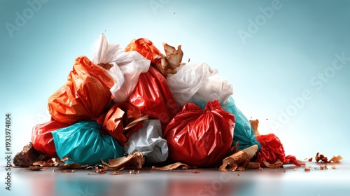 A visually striking arrangement of colorful garbage bags piled together, symbolizing waste and environmental issues, provoking thoughts about consumption and recycling.