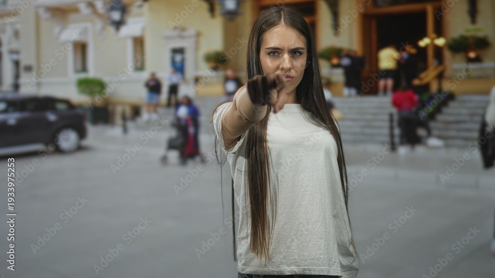 Obraz premium Young woman pointing finger at camera on building steps wearing white tshirt; defiance confrontation.
