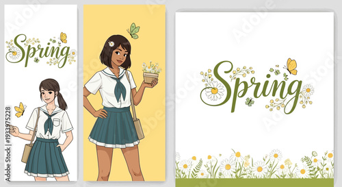 Illustration of a young girl celebrating spring with flowers and butterflies in a vibrant garden scene from a front viewpoint