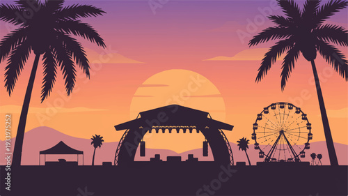 Minimalist sunset silhouette scene of a tropical amusement park with palm trees and a ferris wheel