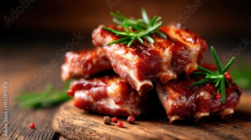 Juicy and tender grilled ribs presented on a rustic wooden board, garnished with fresh herbs, evoke a sense of indulgence and celebration, perfect for food lovers.