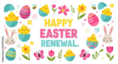 Vibrant Easter Renewal Celebration with Decorative Eggs and Floral Elements