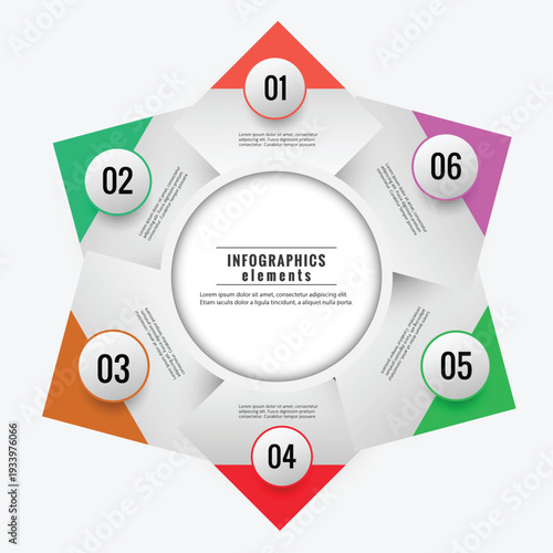 Infographic elements with colorful numbered sections and sample text