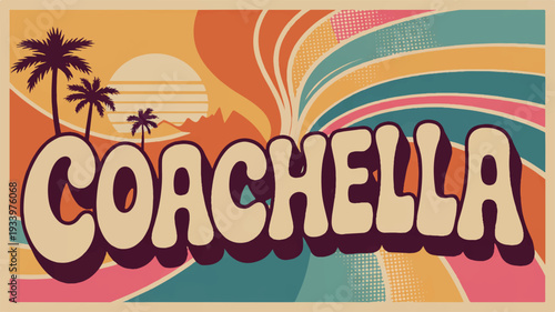 Vibrant vintage festival poster design with coachella theme retro colors palm trees and abstract shapes