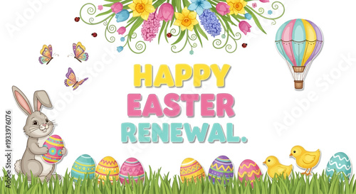 Vibrant Easter renewal scene with rabbit, eggs, and hot air balloon in a lush grassy landscape from a bird's eye view