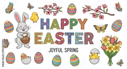 Celebrating Easter with colorful eggs, flowers, and a joyful bunny in a vibrant spring scene