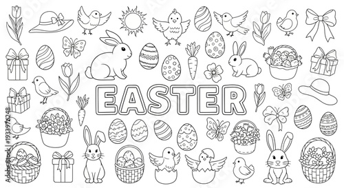 A collection of Easter-themed illustrations featuring bunnies, eggs, and spring elements in a festive holiday display