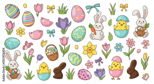 Vibrant Easter-themed illustrations featuring bunnies, eggs, and flowers in a playful arrangement from a direct viewpoint