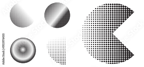 Abstract halftone dot geometric shapes, halftone dot pattern, black and white halftone gradient shapes.