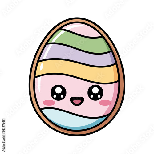 A kawaii-style egg features pastel stripes and a smiling face.