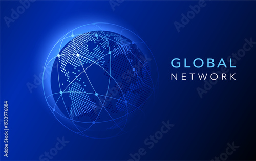 Global network illustration. Technology digital 3D globe Design. Digital earth map background. Connection data concept template on blue background.