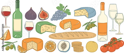Wine and Cheese Board Vector Set