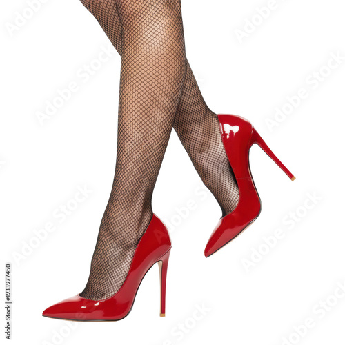 shapely legs wearing fine-mesh black fishnet stockings and ultra-glossy red patent leather stiletto high heels isolated on a transparent background, capturing sensual fashion confidence