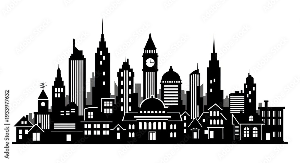 Fototapeta premium Modern city skyline at night black and white vector illustration urban landscape