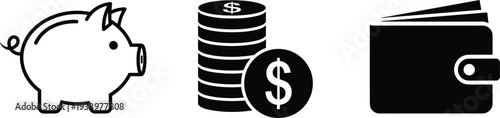 Black silhouette icons of a piggy bank, stack of coins, and wallet on white background money savings