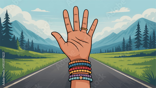 Hand with colorful bracelets raised in freedom on a scenic road surrounded by mountains and trees under a cloudy sky