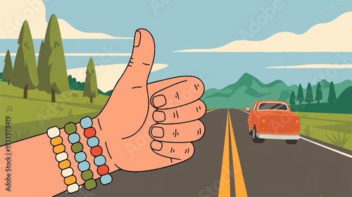 Retro travel illustration of a hand giving thumbs up while riding in a car on a scenic road with mountains and trees in the background