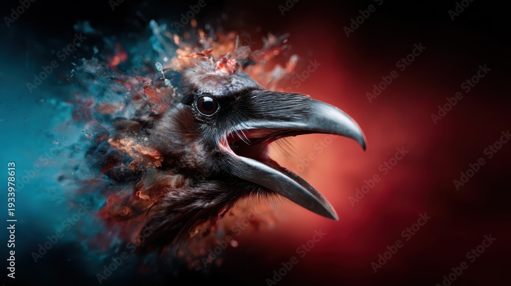 Fototapeta premium An artistic representation of a bird's head emerges from vibrant colors and textures, illustrating a dynamic explosion of creativity and energy in a bold visual style.
