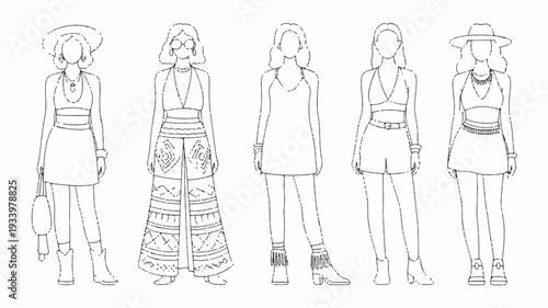 Minimalist vector illustration of five diverse women in different outfits and poses standing in a row on white background