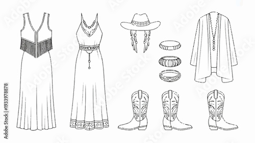 Bohemian festival fashion vector outline clothing and accessories for a free spirited music event eclectic style