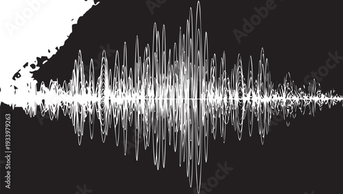 Monochrome sound wave graphic with white waveform on dark background.