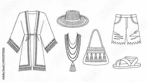 Boho festival outfit collection with clothing accessories and jewelry on white background