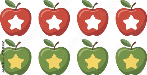 "Apple Rating and Quality Icon Set with Red and Green Apples Featuring Star Symbols for Fresh Fruit Evaluation"
