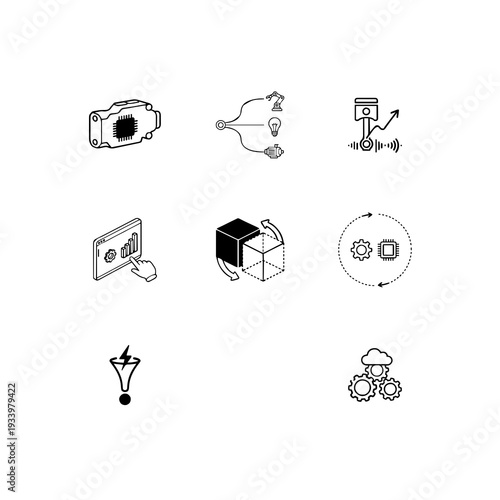 Cyber-physical systems and Industry 4.0 linear icon set, digital twin, real-time monitoring and smart automation vector symbols