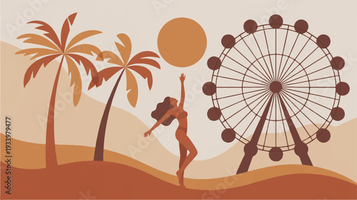 Woman in bohemian style enjoying leisure at a summer fairground with a ferris wheel and palm trees