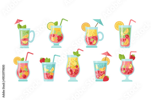 Colorful fruit cocktails with various garnishes and refreshing ingredients are presented in a delightful flat illustration style, perfect for summer menus.