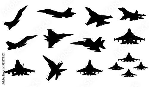 A collection of black silhouettes of various fighter jets and planes