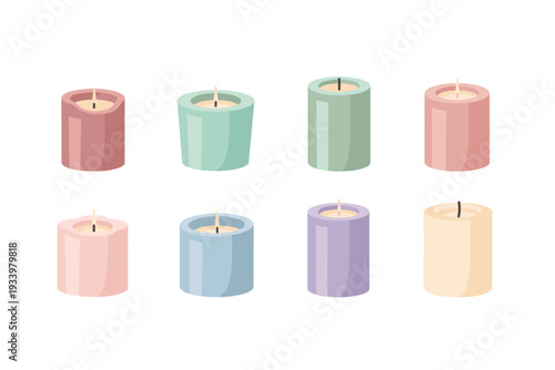 Eight colorful unlit decorative candles arranged in two rows, showcasing a variety of pastel hues and simple cylindrical shapes for home decor.