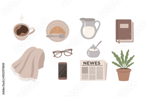 Collection of everyday items for a cozy morning routine, including coffee, a croissant, a book, and a newspaper, perfect for relaxation and comfort.