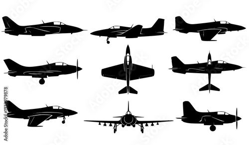 A set of black silhouettes of various fighter jets on a white background